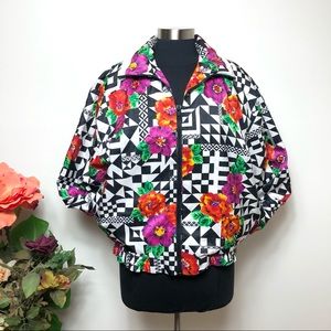Vintage Floral Black White Bomber Jacker - M
